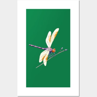 Whimsical Gold and Purple Dragonfly and Twig on Green Posters and Art